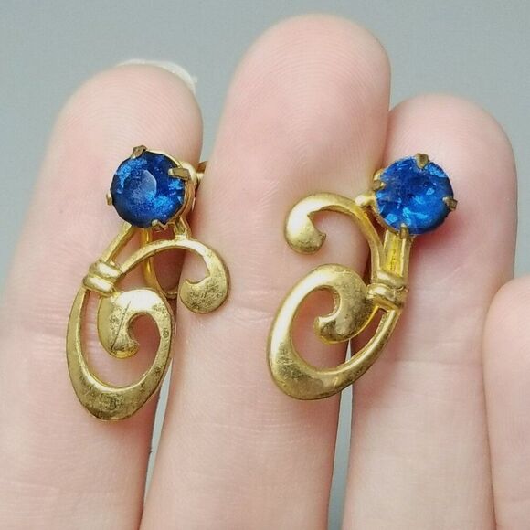 Vintage Blue Rhinestone and Gold Tone Clip On Earrings, Screw Backs, Estate - Picture 1 of 6